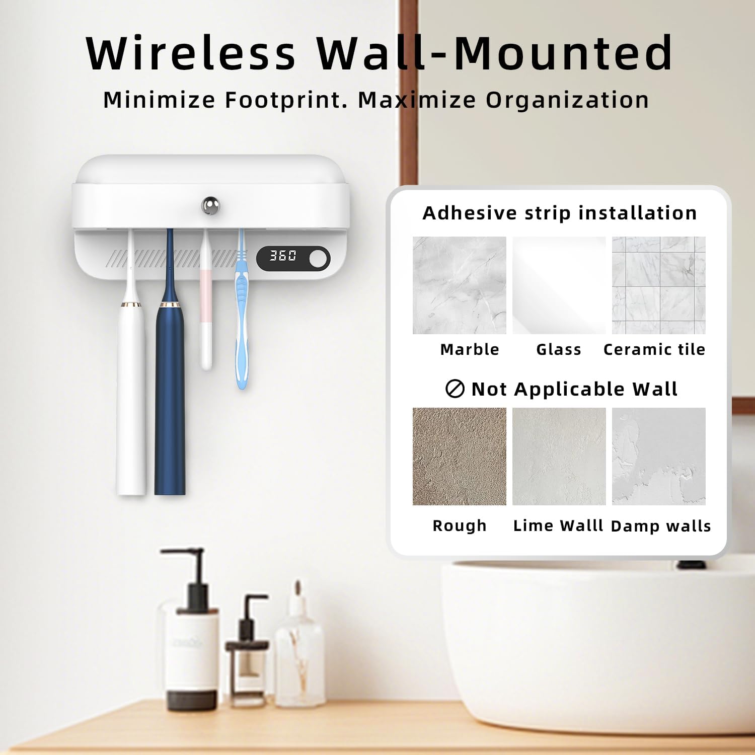 Wall Mounted Toothbrush Holder with Active Airflow Drying for Shared Family Bathroom, Fits Electric & Manual Toothbrushes, Rechargeable, No-Drill Installation